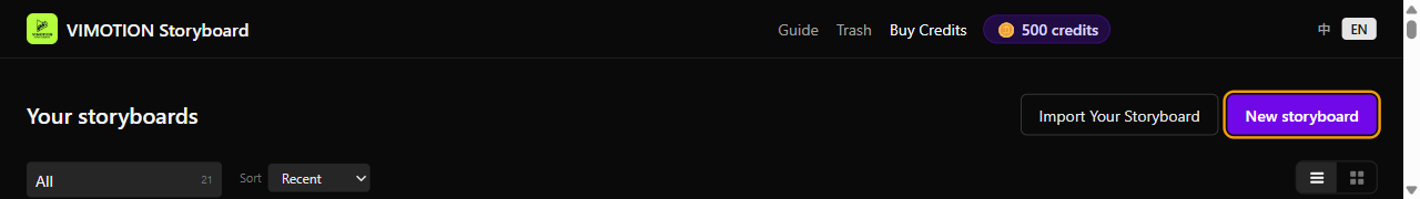 The New storyboard button at the top right of the dashboard