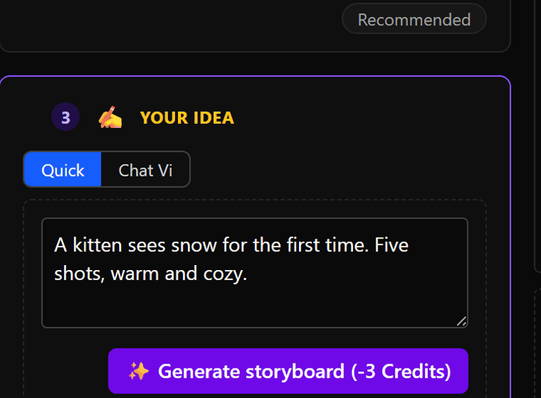 The idea box and the Generate storyboard button